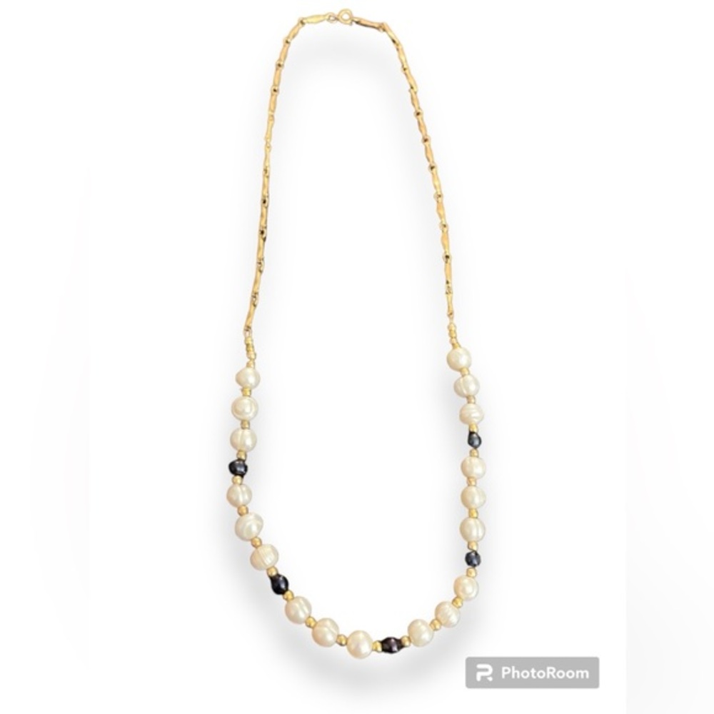 Vintage Beaded Freshwater Pearl Necklace Blue and Gold 28”